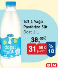 DOST PASTÖRİZE %3,1 YAĞLI SÜT 1 L